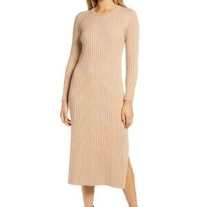 WAYF BFF Beige Sweater Midi Dress Size XXS Slit Scoop Neck Long Sleeve $79 NWT